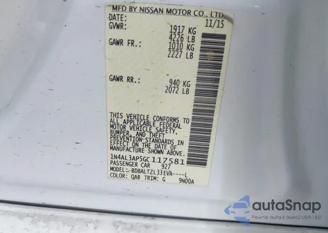 2016 Nissan Altima 2.5 Sl from USA, damaged, VIN 1N4AL3AP5GC117581